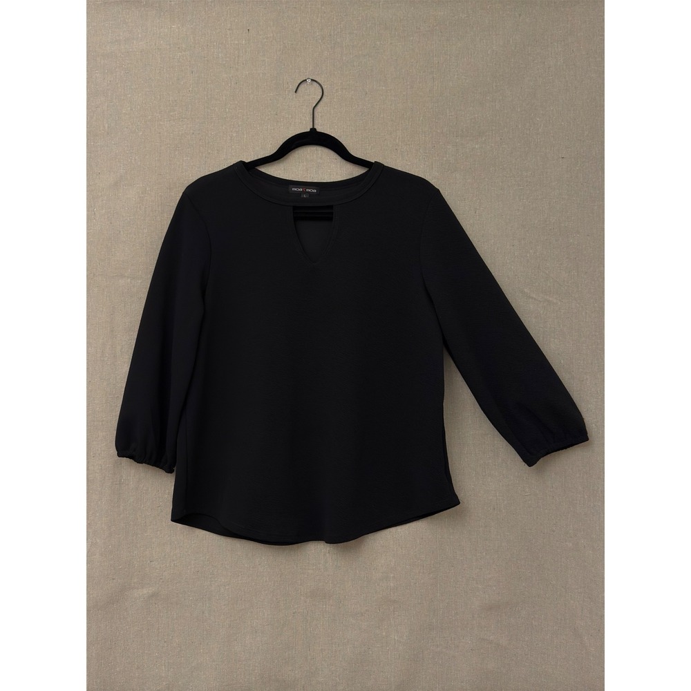 Moa Moa Black Keyhole Neck Blouse Textured 3/4 Sleeve Top - Large